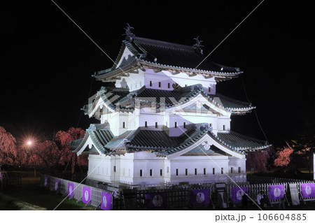 青森県弘前市下白銀町弘前公園 ベニシダレザクラの夜桜ライトアップに囲まれた天守閣 青森県弘前市下白銀町弘前公園 ベニシダレザクラの夜桜ライトアップに囲まれた天守閣 106604885