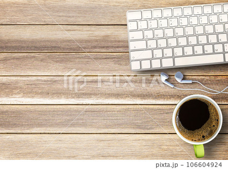 Espresso coffee cup on wood table background. Top view with copy spa 106604924