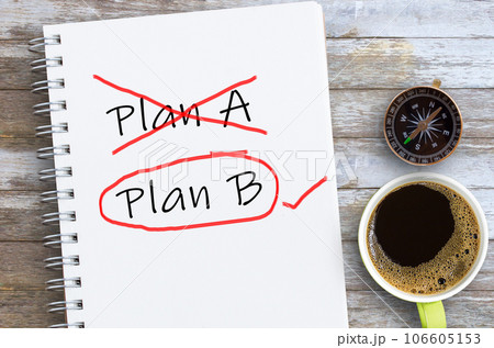 Plan B written on notebook with pencil and cup of coffee with copy space. 106605153