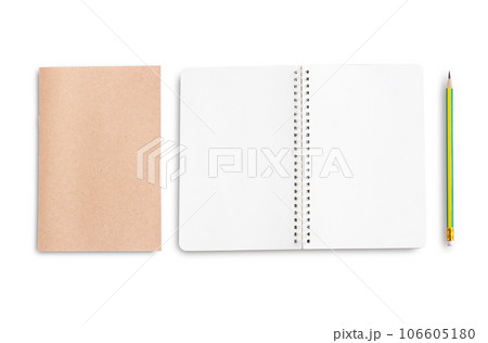 Top view of notebook or blank notepad isolated on white background. 106605180