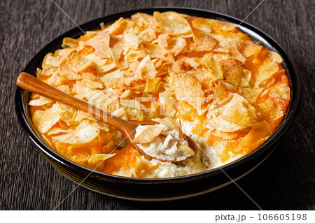 creamy cheesy chicken almond casserole, top view 106605198