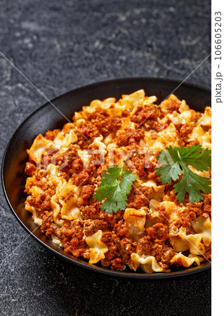 Lasagnette bolognese in black bowl, top view Lasagnette bolognese in black bowl, top view 106605203