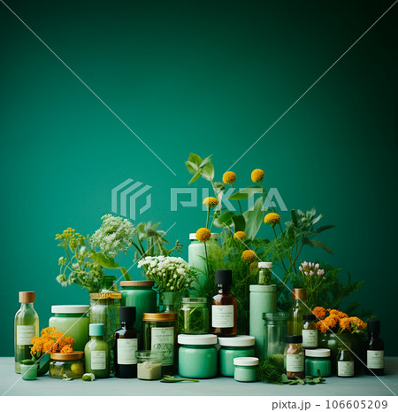 Vitamins, dietary supplements, medicinal herbs, on a green background. 106605209