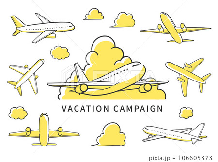 飛行機をいろいろな角度から見た構図のイラスト素材セット 106605373