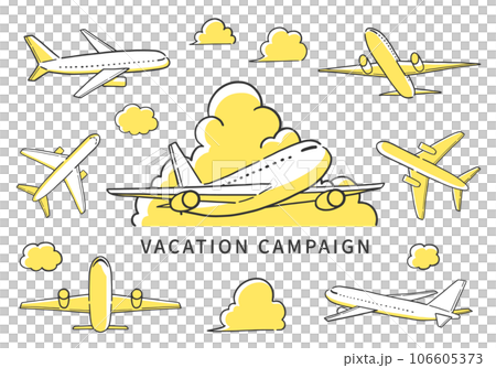 飛行機をいろいろな角度から見た構図のイラスト素材セット 106605373