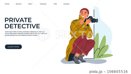 Private detective character looking through camera from bush, spying, monitoring and searching inspector on observation landing page template, spy taking photos, girl snooping, observing on mission 106605516