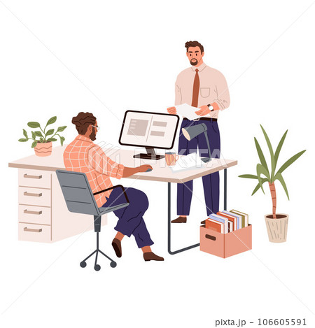People office work. Vector illustration. A worker employee embraces feedback and uses it to improve their performance in office work People in office work alongside diverse group of colleagues 106605591
