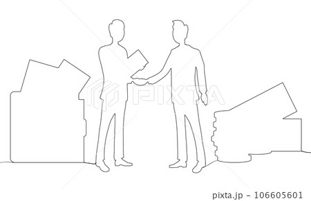 Handshake of two business men. Businessman shaking hands. Businessmen meeting. Hand shaking meeting agreement. Handshake of business people partners. Symbols of success deal. One line style on white Handshake of two business men. Businessman shaking hands. Businessmen meeting. Hand shaking meeting agreement. Handshake of business people partners. Symbols of success deal. One line style on white 106605601