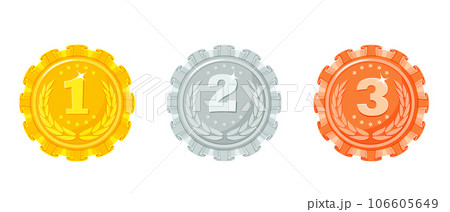 Set of winner medal for 1st, 2nd and 3rd places. Gold, Silver and Bronze Champion Award 106605649