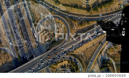 Intelligent Vehicles Cars Communicating Ai Logistic Autonomous Delivery Vehicles IoT GPS Tracking Satellite 5G Smart Roads Traffic Road Junction Interchange Motorway Triangulation Of Traffic Data 106605689