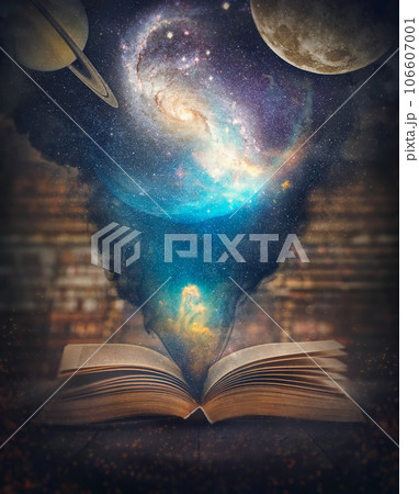 The world and universe inside a book surreal background. Educational and science concept with a magical open textbook casting a cosmic scene with galaxies, stars and planets. Inspirational storybook 106607001