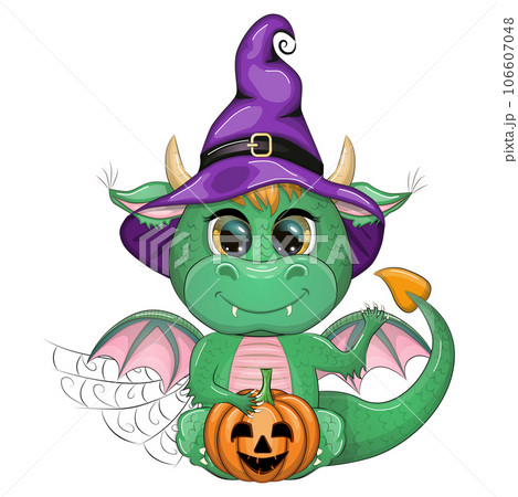 Cute cartoon green dragon in a purple magic hat, Halloween. Pumpkin, potion, broom. Symbol of 2024 according to the Chinese calendar 106607048