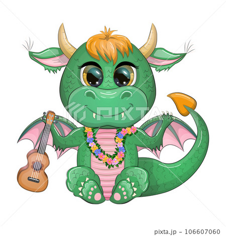 Cute cartoon green baby dragon with ukulele, holiday paraphernalia. Symbol of 2024 according to the Chinese 106607060