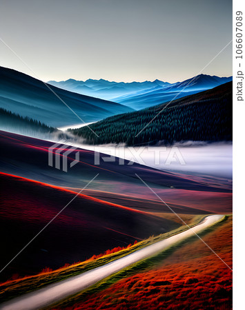 mountainous landscapes misty atmosphere artful hues. mountainous landscapes misty atmosphere artful hues. 106607089
