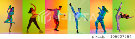 Collage made of different people, men and women dancing freestyle, contempt over gradient multicolor background in neon light Collage made of different people, men and women dancing freestyle, contempt over gradient multicolor background in neon light 106607264