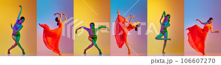 Collage. Elegant beautiful woman dancing in underwear and rd dress over colorful backgrounds in neon light 106607270