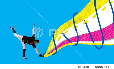 Contemporary art collage. Creative colorful artwork.Young man playing baseball, catching ball with glove in motion. Retro style. Contemporary art collage. Creative colorful artwork.Young man playing baseball, catching ball with glove in motion. Retro style. 106607441