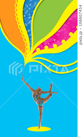 Flexibility. Contemporary art collage of female professional rhythmic gymnast in motion and action over vivid background with abstract drawings. Flexibility. Contemporary art collage of female professional rhythmic gymnast in motion and action over vivid background with abstract drawings. 106607454