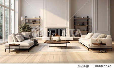 Contemporary Elegance Spacious Living Room with White Empty Wall, Hardwood Floors, Designer Furniture, and Cozy Fluffy Rug. created with Generative AI 106607732