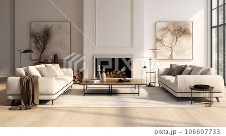 Contemporary Elegance Spacious Living Room with White Empty Wall, Hardwood Floors, Designer Furniture, and Cozy Fluffy Rug. created with Generative AI 106607733