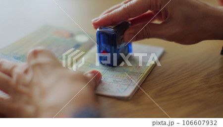 The concept of obtaining a stamp in the passport on entry into the territory of another state. Visa stamp in passport ID. Entry in foreign country. 106607932