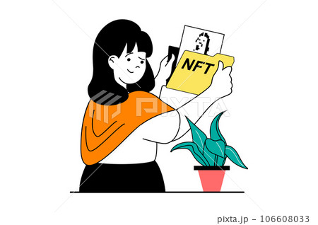 NFT token concept with people scene in flat web design. Woman artist selling digital picture at marketplace and earning cryptocurrency. Vector illustration for social media banner, marketing material. 106608033