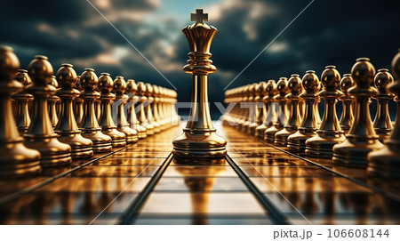 Strategic Leadership Gold Queen Dominates Chessboard of Business with Success and Disruption. created with Generative AI 106608144