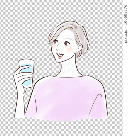 Middle-aged woman drinking a drink and smiling Middle-aged woman drinking a drink and smiling 106608276