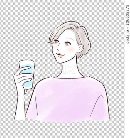 中年婦女喝著飲料，微笑著 106608278