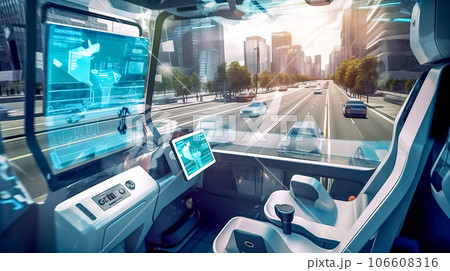 interior of a car of the future with autopilot in the city streets 106608316