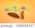 アルファベットのAUTUMNと葉っぱとジオラマ人形 106608337