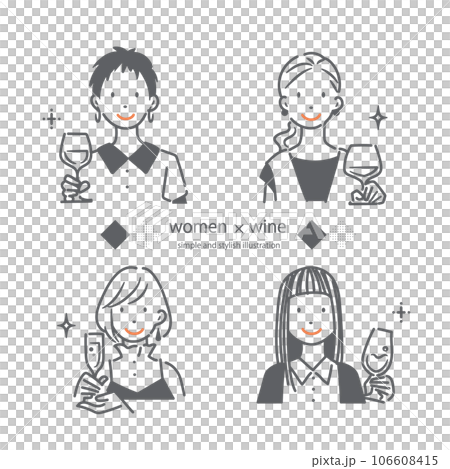 Line drawing illustration set of a young woman enjoying wine. Simple and stylish line drawing illustration. Line drawing illustration set of a young woman enjoying wine. Simple and stylish line drawing illustration. 106608415