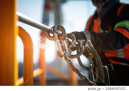 Construction Worker Wearing Safety Harness and Safety Line Masterfully Working at High Place. created with Generative AI Construction Worker Wearing Safety Harness and Safety Line Masterfully Working at High Place. created with Generative AI 106608502