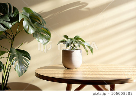 Wooden Round Side Table with Green Tropical Plant, Sunlight, and Shadow on Beige Wall. created with Generative AI 106608585