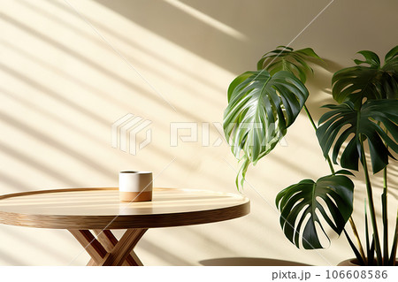 Wooden Round Side Table with Green Tropical Plant, Sunlight, and Shadow on Beige Wall. created with Generative AI 106608586