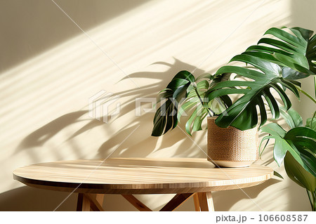 Wooden Round Side Table with Green Tropical Plant, Sunlight, and Shadow on Beige Wall. created with Generative AI 106608587