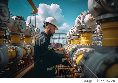 Quality Inspection by Male Worker at Steel Long Pipes and Pipe Elbow in Oil Refinery Station. created with Generative AI 106608720
