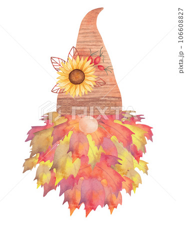 Autumn gnome.Beard made of maple leaves.A composition of a sunflower with petals on the hat. Watercolor illustration.Isolated hand drawn art 106608827