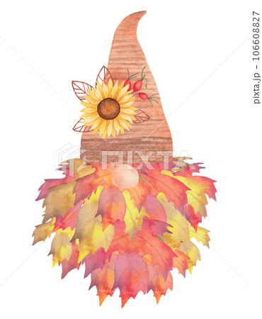 Autumn gnome.Beard made of maple leaves.A composition of a sunflower with petals on the hat. Watercolor illustration.Isolated hand drawn art Autumn gnome.Beard made of maple leaves.A composition of a sunflower with petals on the hat. Watercolor illustration.Isolated hand drawn art 106608827