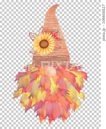 Autumn gnome.Beard made of maple leaves.A composition of a sunflower with petals on the hat. Watercolor illustration.Isolated hand drawn art Autumn gnome.Beard made of maple leaves.A composition of a sunflower with petals on the hat. Watercolor illustration.Isolated hand drawn art 106608827