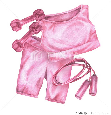 Fitness clothing for women. Watercolor illustration of pink sports wear. Hand drawn clip art on white isolated background. Drawing of dumbbell and skipping rope. Gym equipment composition 106609005
