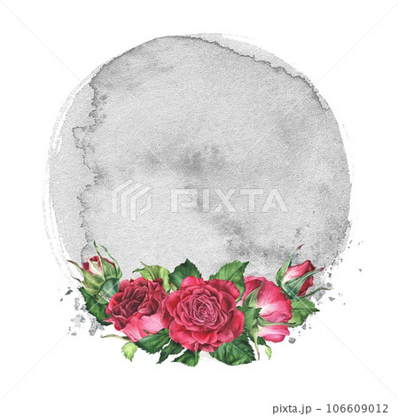 Wreath of pink roses with a gray spot on the background. Watercolor botanical illustration. Round frame of red flowers. Isolated hand drawn clip art with flowering plants. Place for text, copy space 106609012