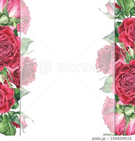 Frame of pink Roses. Watercolor botanical illustration of a red Flower. Hand drawn floral template for text isolated on white background. Copy space square invitation. Drawing bouquet for a postcard 106609016