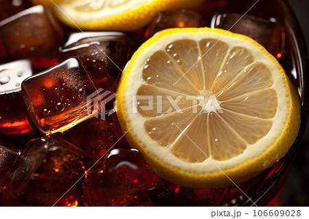 Refreshing Lemon Cola Soda: Closeup of Chilled Beverage with Lemon Slice and Ice Cubes, Creating a Cool and Crisp Visual Delight. created with Generative AI 106609028