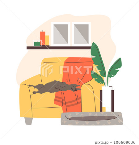 Funny dog sleeping on couch instead of its bed, flat vector illustration isolated on white background. 106609036