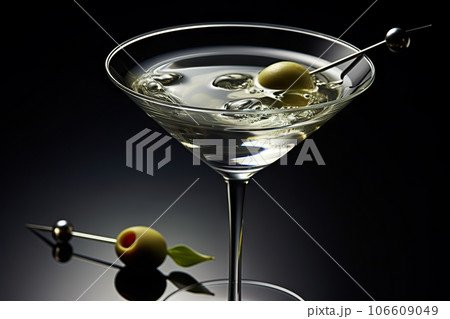 Sophisticated Elegance: Closeup of Chilled Gin Martini Cocktail with Olive, Isolated on Black. created with Generative AI 106609049