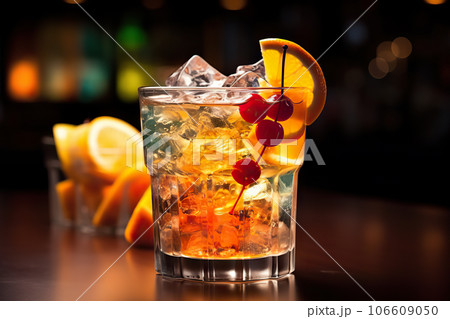 Refreshing Summer Bliss Closeup of Chilled Alcoholic Fruit Cocktail with Ice, Lemon, Berries, and Mint on Bar Counter. created with Generative AI Refreshing Summer Bliss Closeup of Chilled Alcoholic Fruit Cocktail with Ice, Lemon, Berries, and Mint on Bar Counter. created with Generative AI 106609050