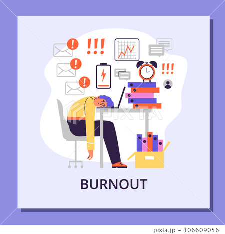 Burnout concept poster, tired employee lying his head on laptop, flat vector illustration. 106609056