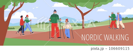 Diverse people nordic walking in park, flat vector illustration. 106609115