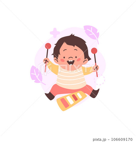 Toddler child character play drums flat cartoon vector illustration isolated. Toddler child character play drums flat cartoon vector illustration isolated. 106609170